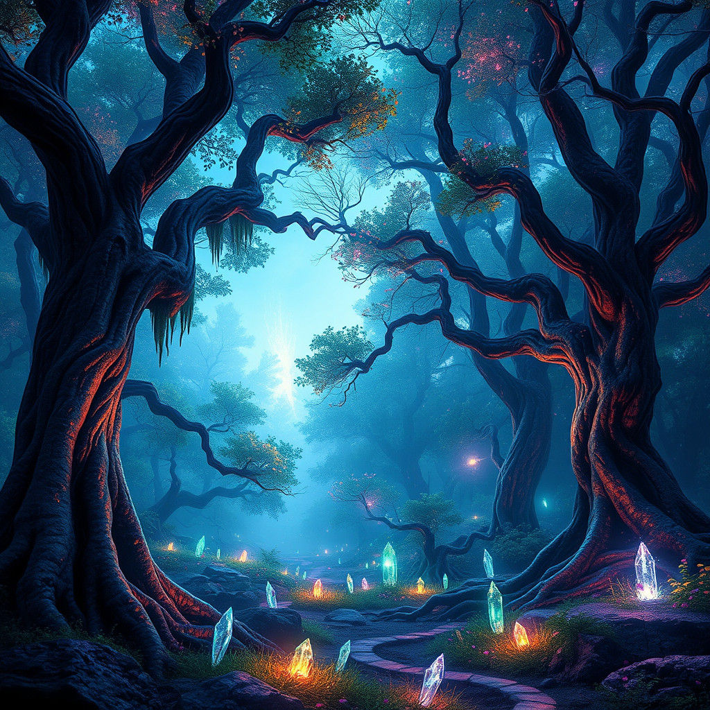 Enchanted Forest: Luminescent Colors in a Mystical Scene