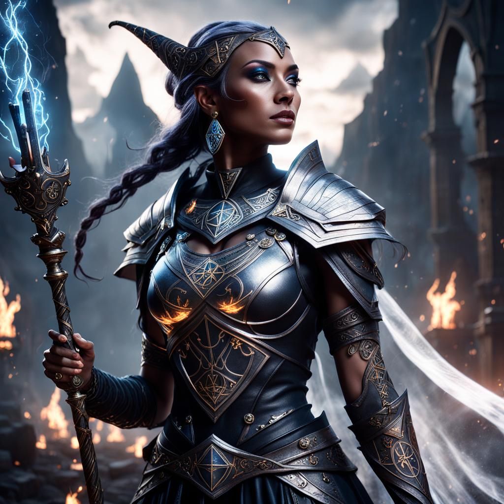 Female Wizard Casting Spell with Glowing Symbols