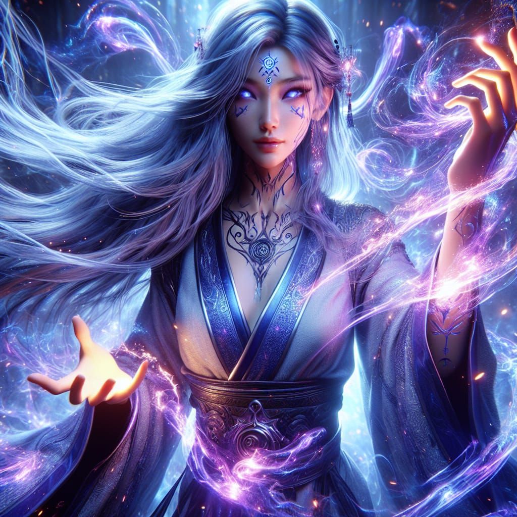 East Asian Mage Commands Arcane Energy in 3D