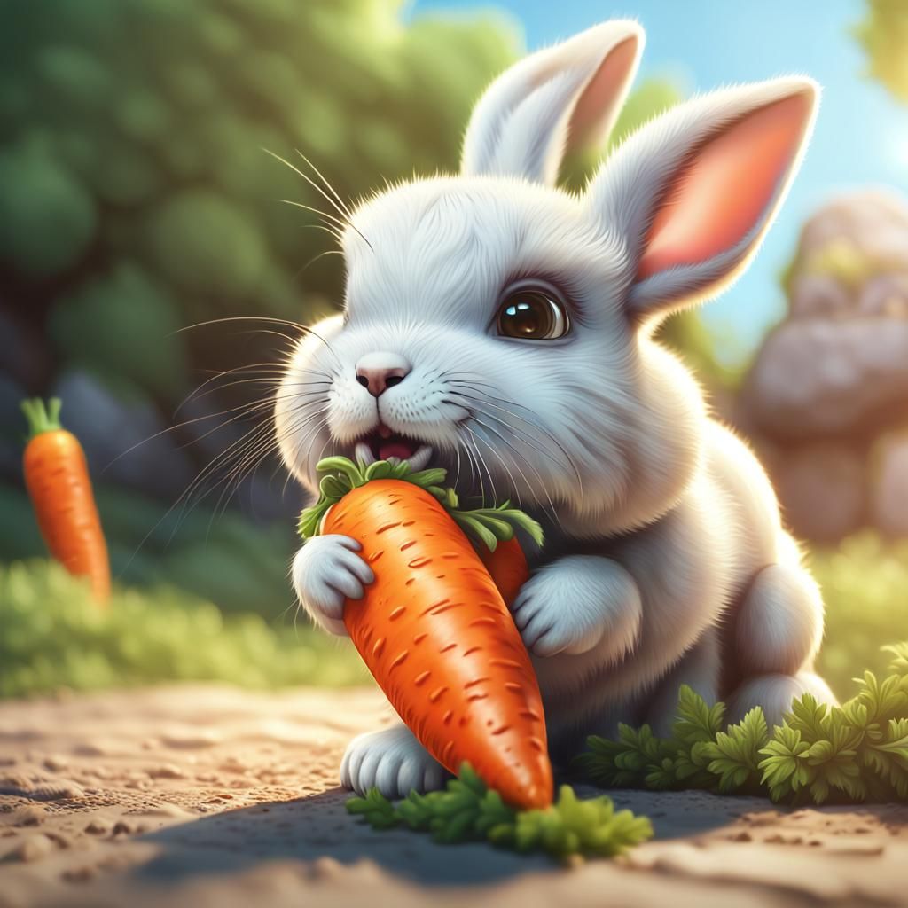 Hyperrealistic Fluffy Baby Rabbit Eating a Carrot
