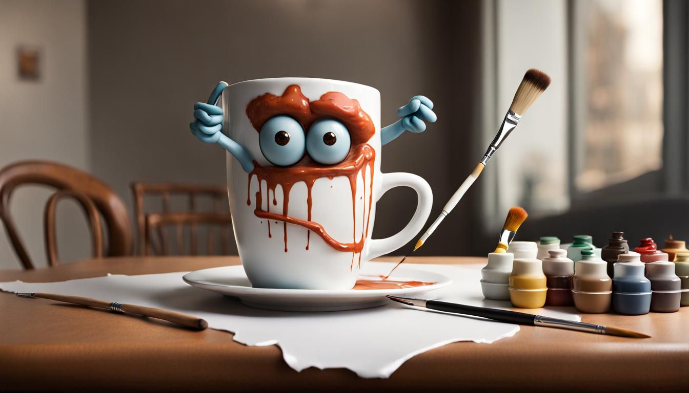 Anthropomorphic Coffee Cup Painting a Portrait