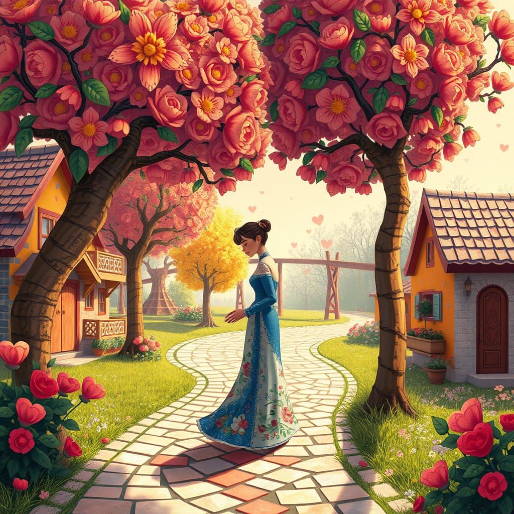 Whimsical Mosaic Portrait of Star-Crossed Lovers in a Colorf...