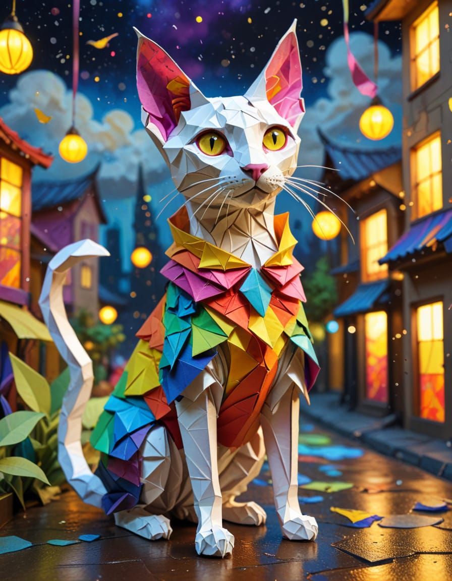 Steampunk Origami Cat in Rainbow Dress Explores Paper World