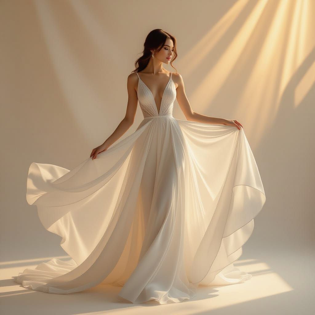Ethereal White Gown Model in Romantic, Hyper-Realistic Style
