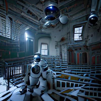 Abandoned Asylum Panopticon with Robot Guards in Space