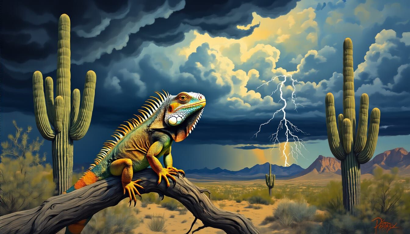 Iguana in Stormy Desert Landscape, Abstract Art