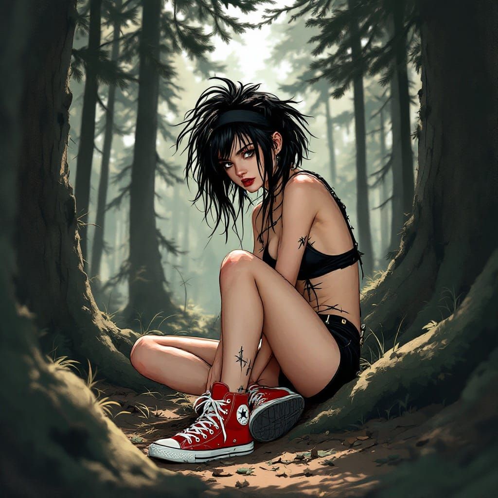 Rebellious Punk Girl Surrounded by Muted Forest