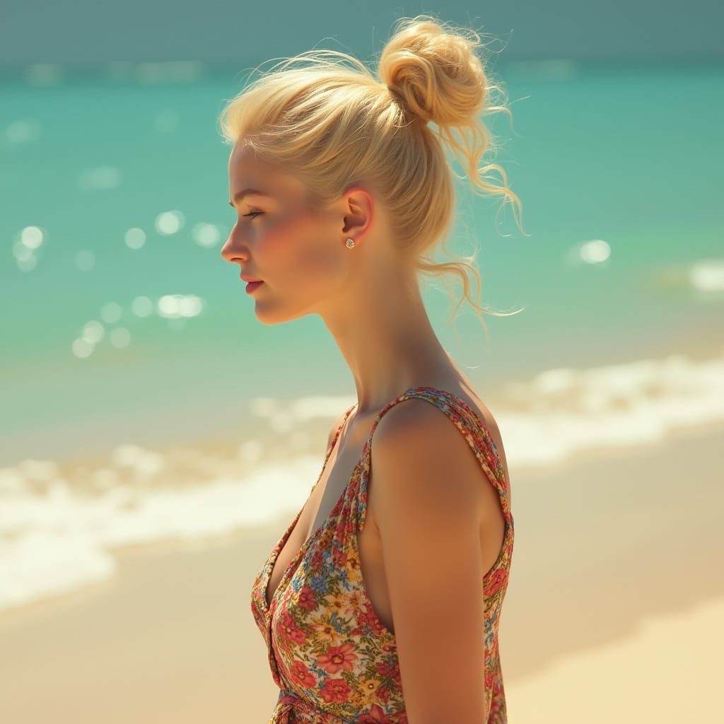 Elegant Woman on Beach in Hyperrealistic Art Nouveau Style