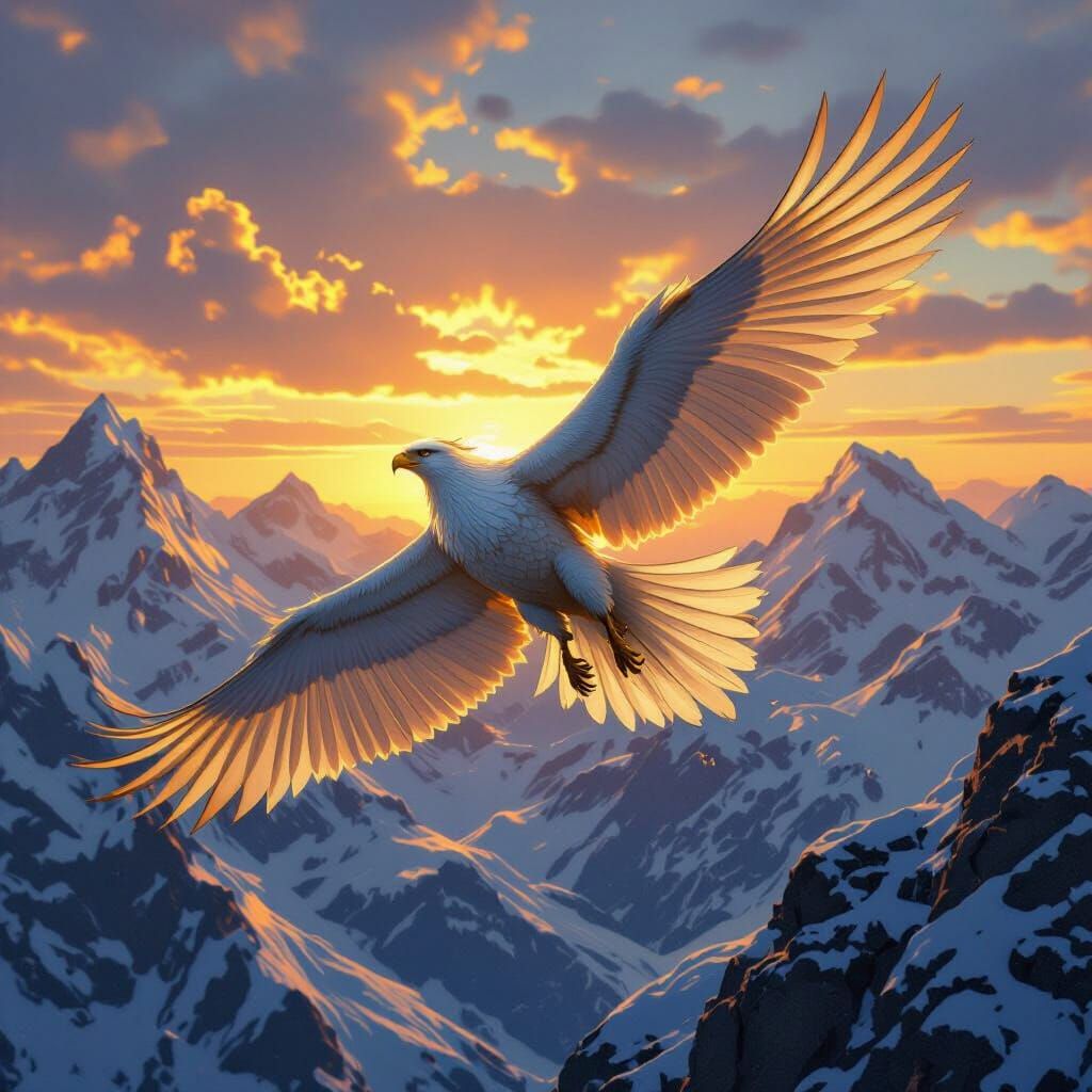 Griffin Soaring Over Mountains at Sunset in Hyperrealism