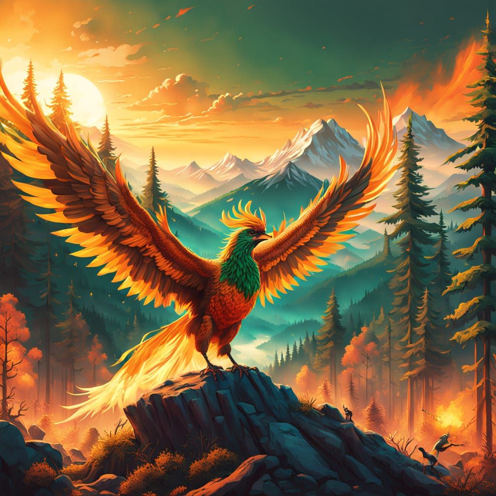 Cinematic Phoenix Soars Through Vibrant Sunrise