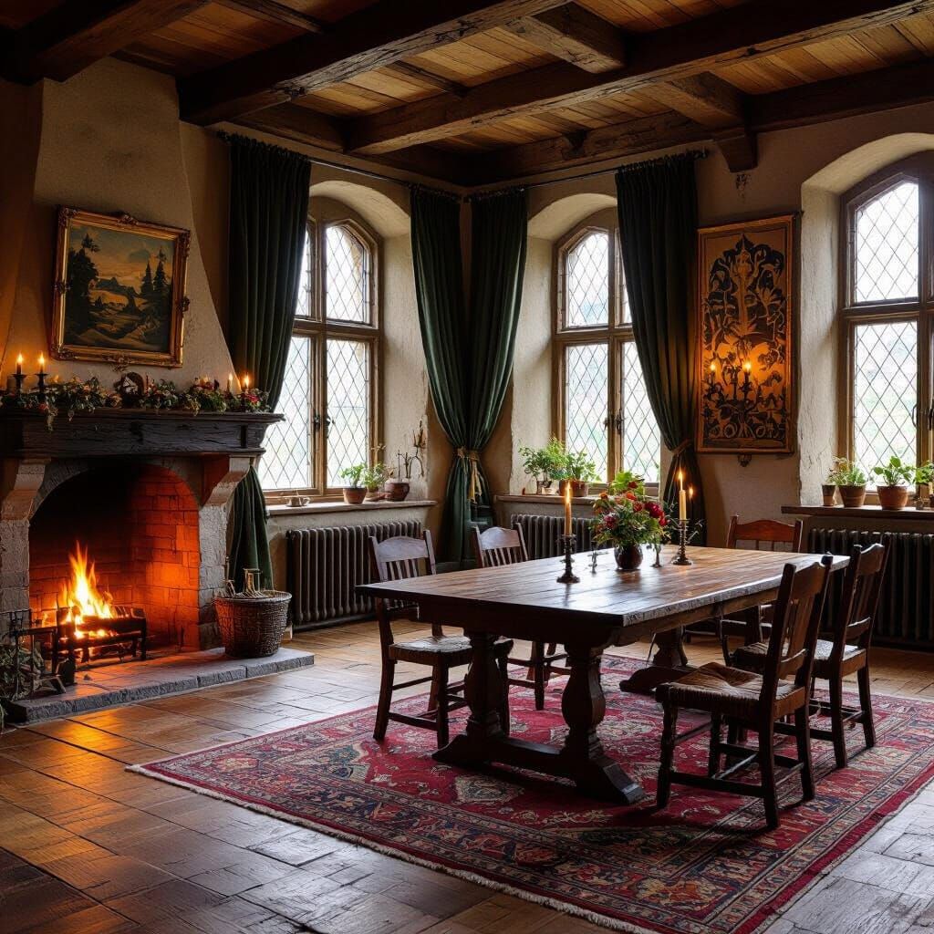 Medieval Banquet Hall with Fireplace in Old Masters Style