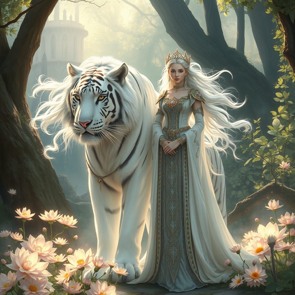 Regal Princess Amidst Glowing Flowers and Ghostly Tiger