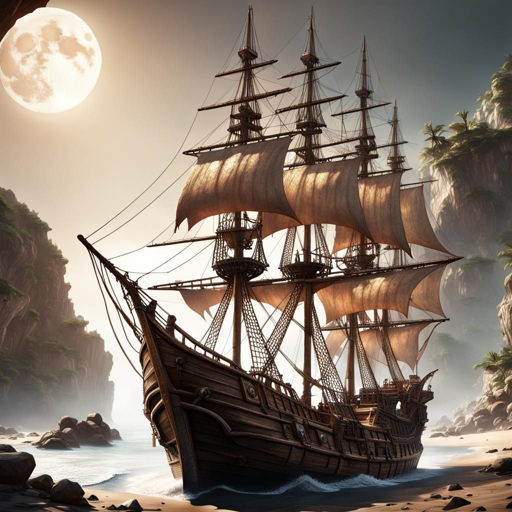 Hyperrealistic Pirate Ship on Moonlit Sea