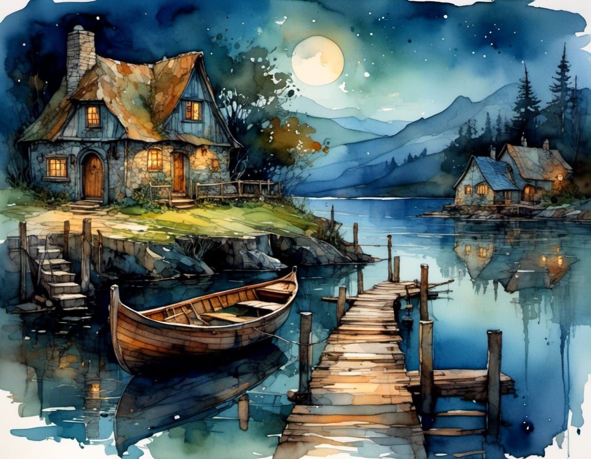 Charming Lakeside Village in Watercolor Illustration