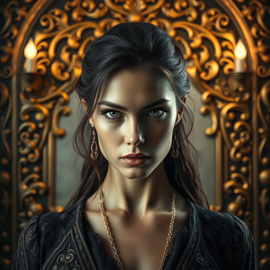 Hyperrealistic Woman with Piercing Gaze in Ornate Setting
