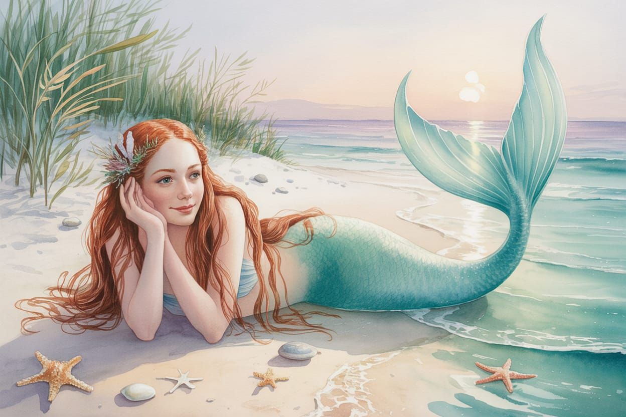 Watercolor Mermaid on a Beach with Auburn Hair