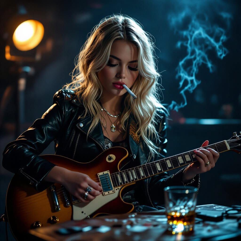 Blonde Woman Plays Guitar with Whisky and Cigarette