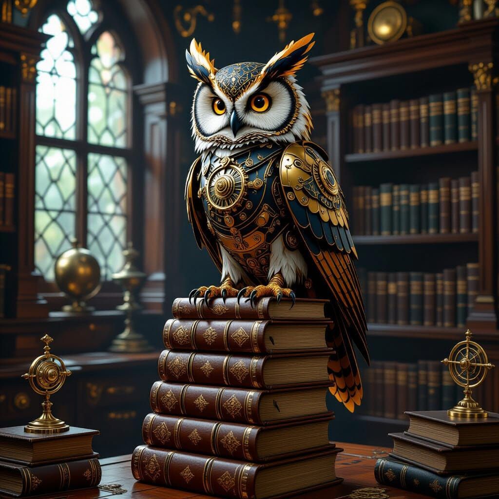 Mechanical Owl on Books in Victorian Study, Comic Art Style