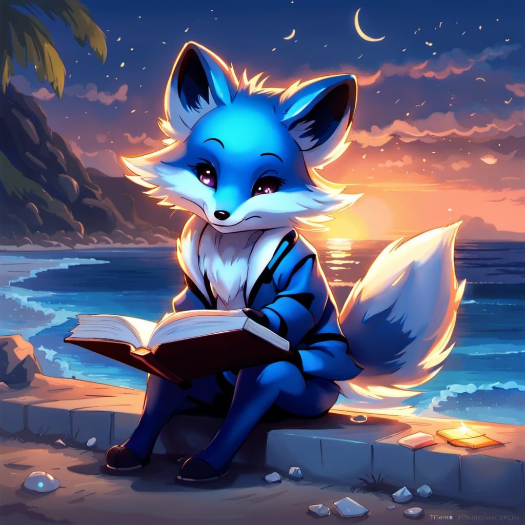Cute Blue Fox Reading by the Ocean: Anime Art