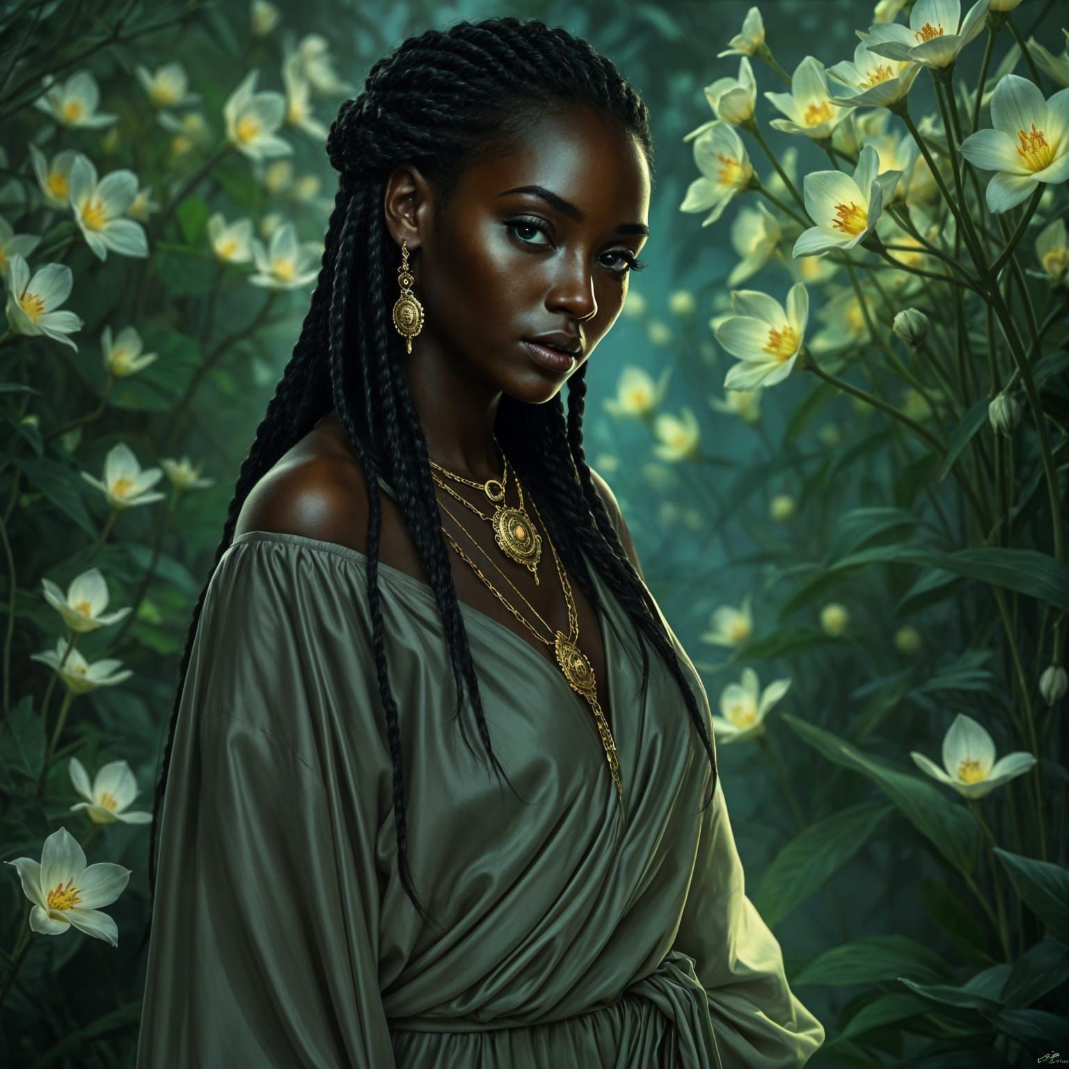 Ebony girl in a field of bioluminescent flowers