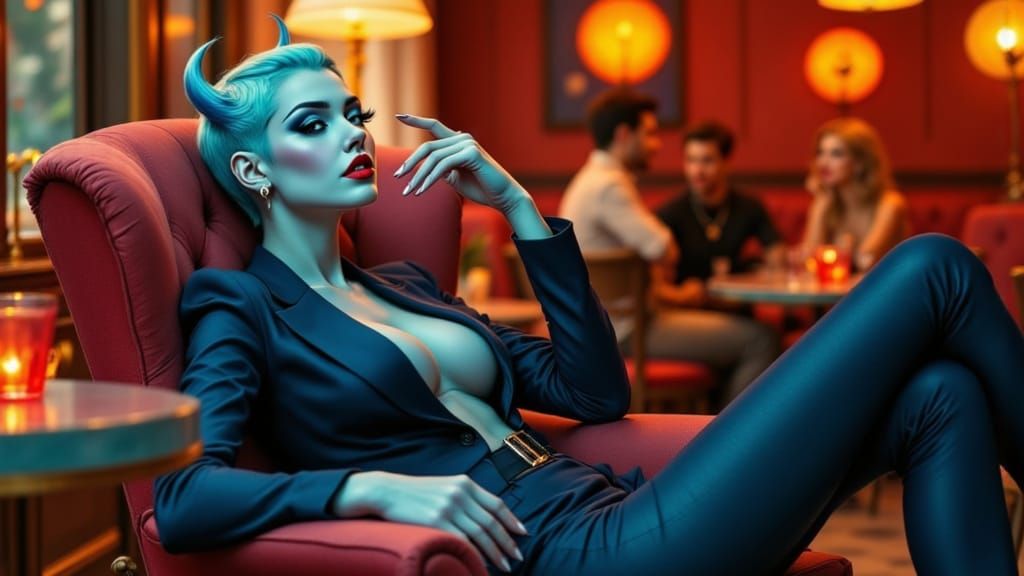 Blue Demon Seducing Red Siren in Retro Bar