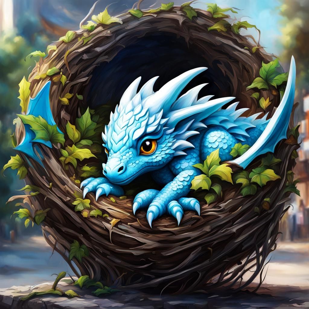 Cute Ice Dragon Sleeping in Bird Nest as Graffiti Art