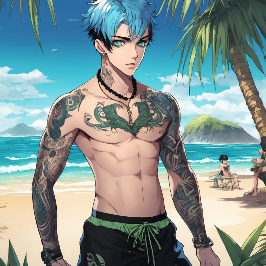 Anime Goth Boy with Tattoos on Beach