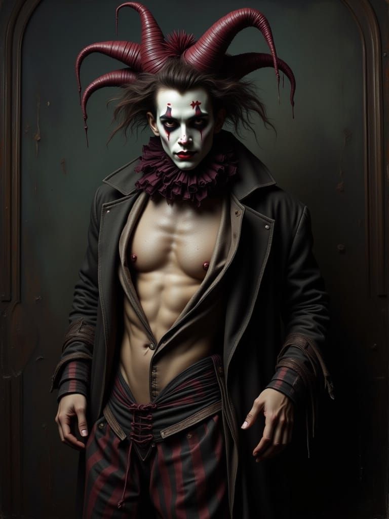 Eerie Harlequin Jester in Noir Circus Style