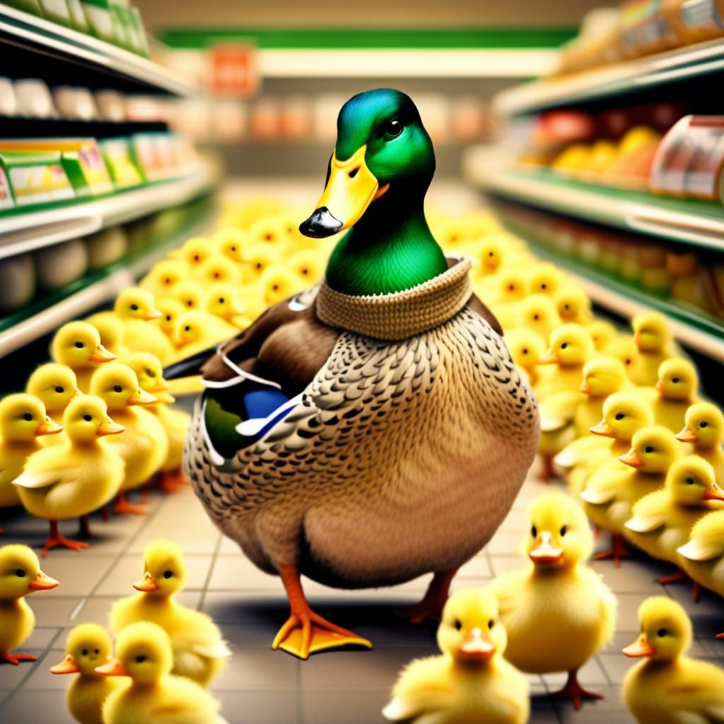 Mallard Duck Grocery Shopping: Hyperrealistic Digital Art
