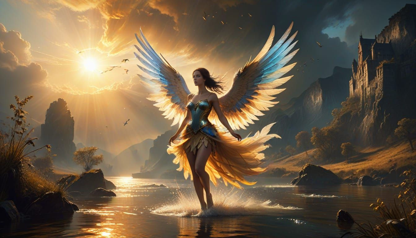 Ethereal Fairy soars above River, in a striking Athletic Art...