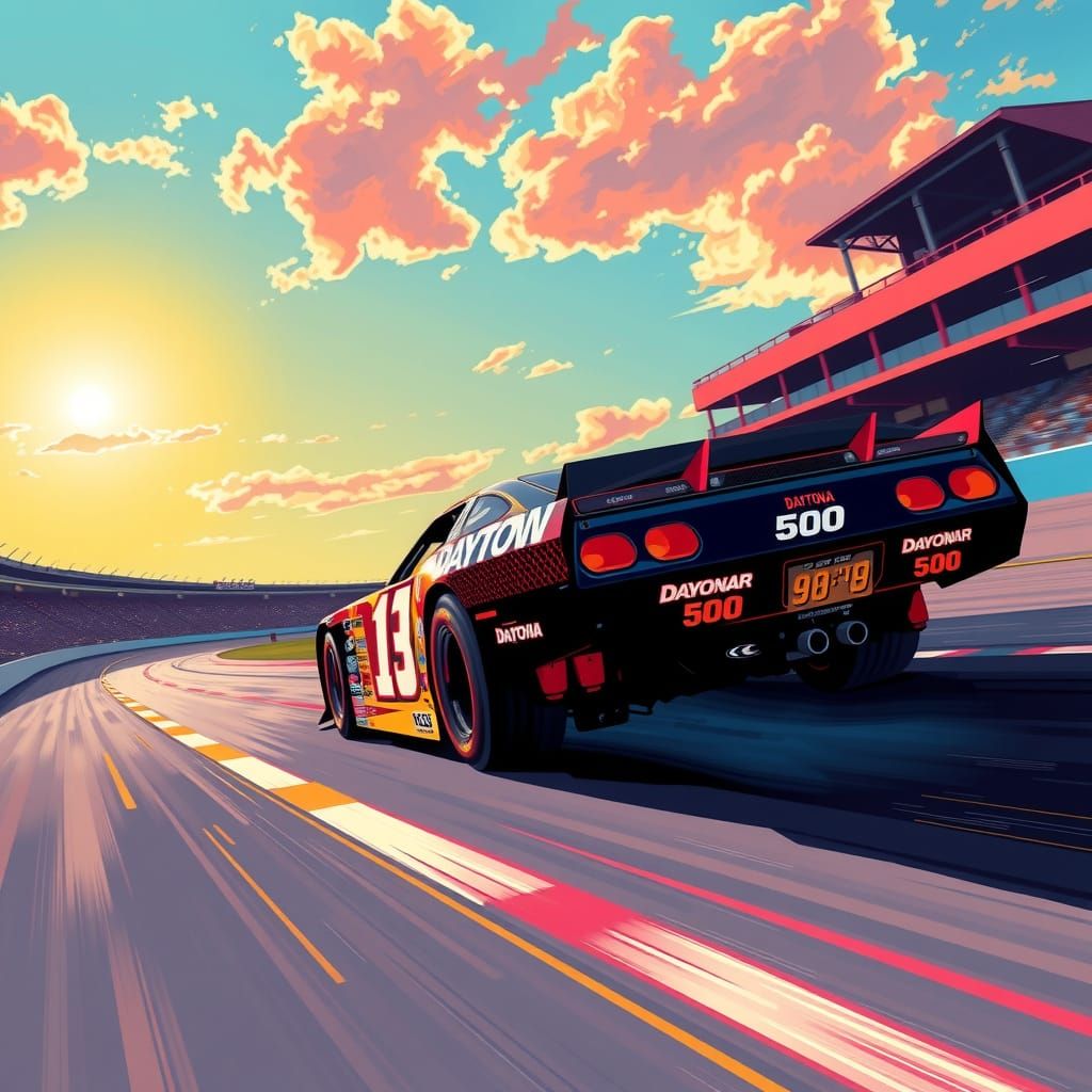 Speeding Stock Car on Daytona 500 Track in Vibrant Pop Art S...