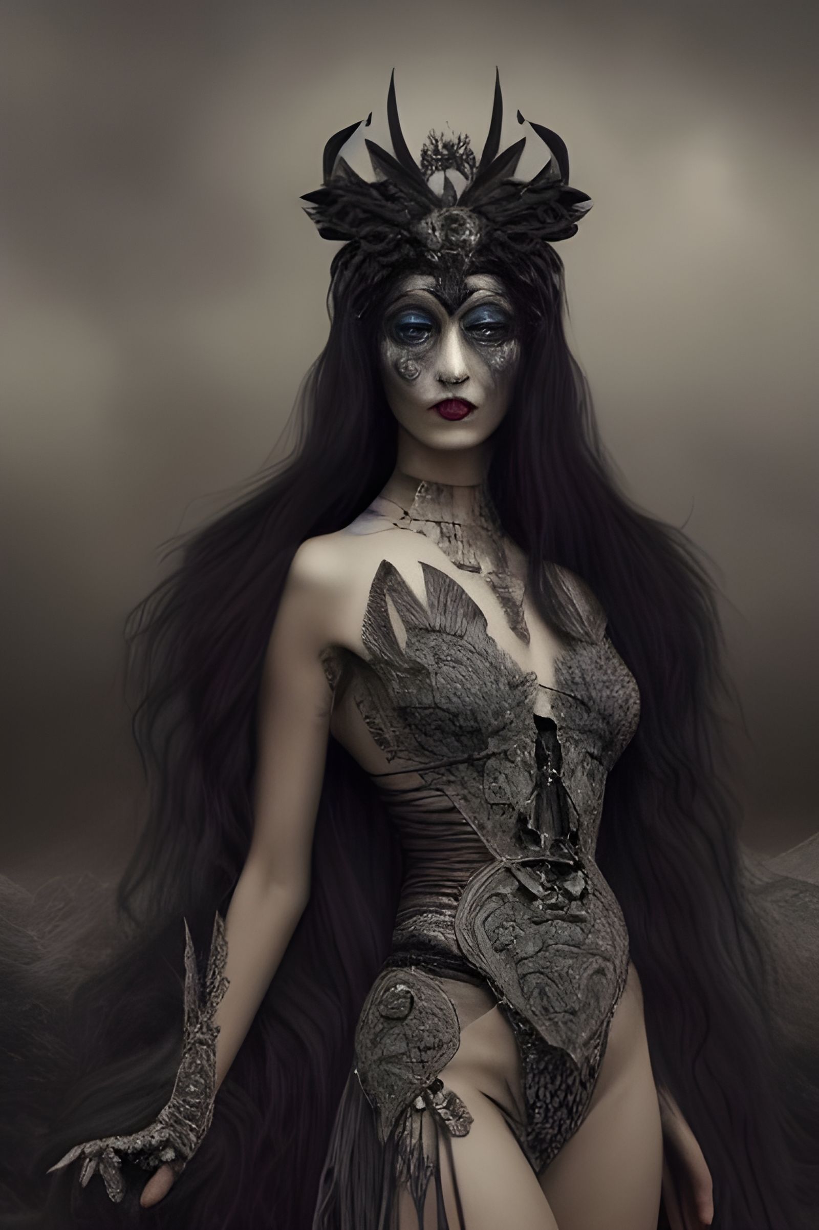 Raven Woman in Intricate Dress, Hyper-Realistic Digital Art