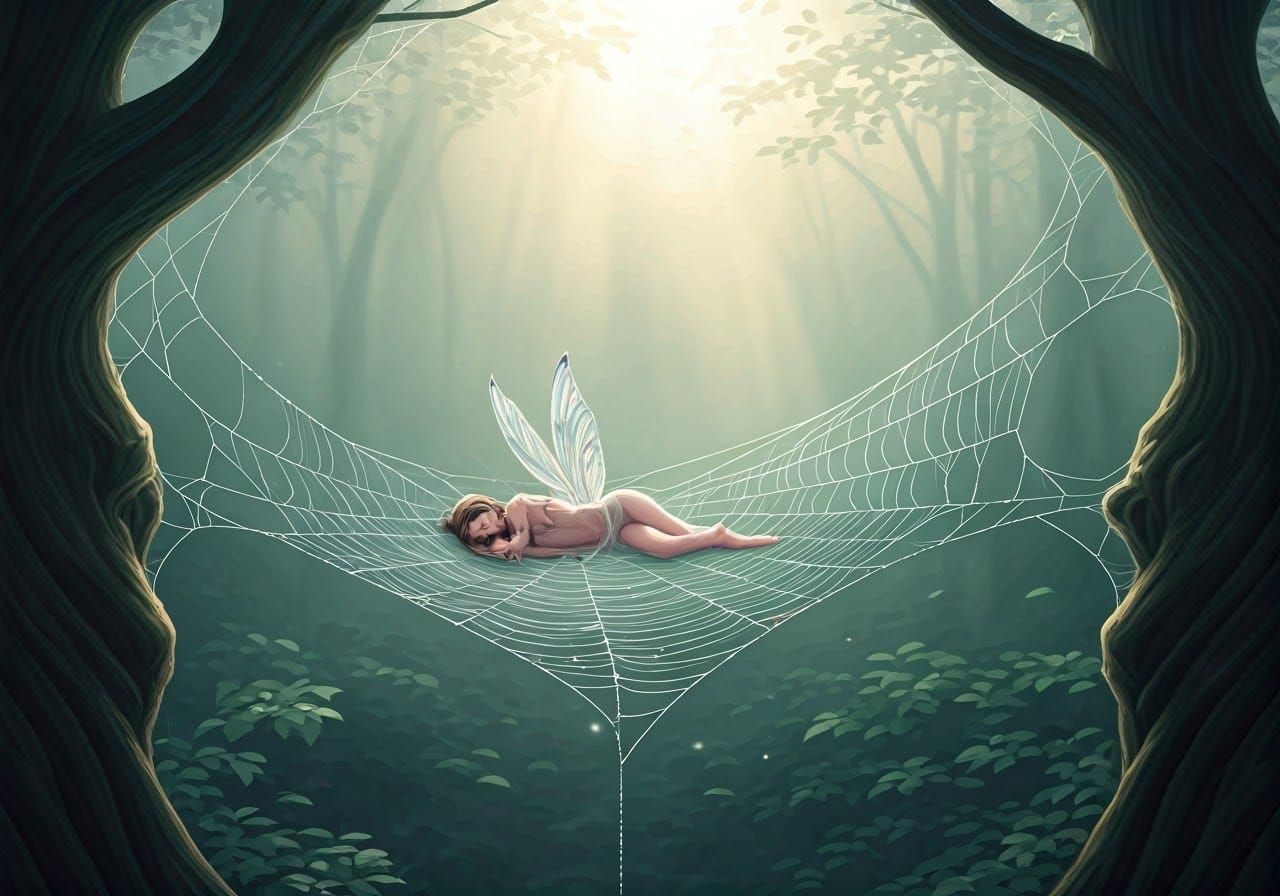 Ethereal Fairy in Spiderweb, Watercolor Style