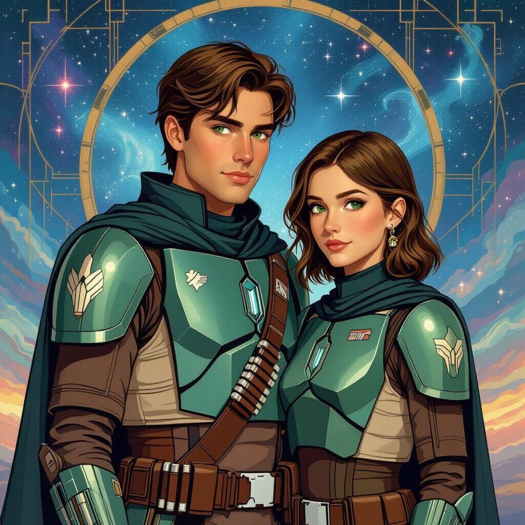 Mandalorian Twins in Art Deco Cosmic Scene