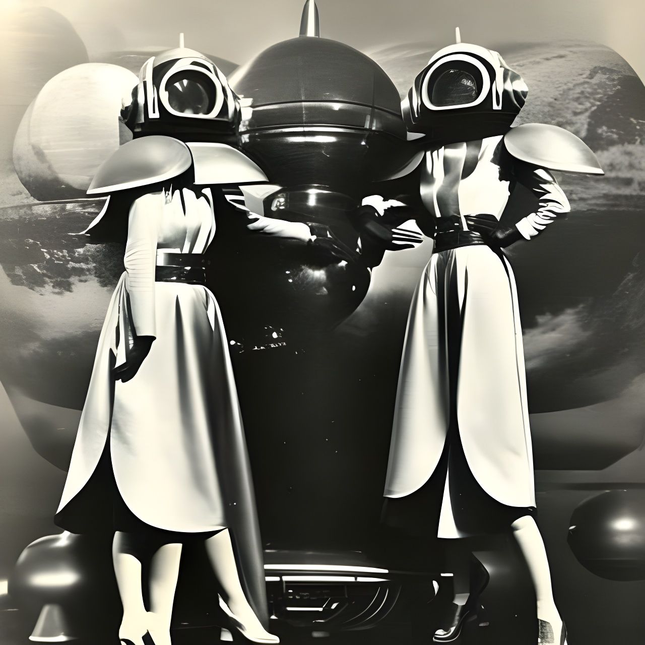 Android Princesses Pilot Spaceship in Retrofuturist Style