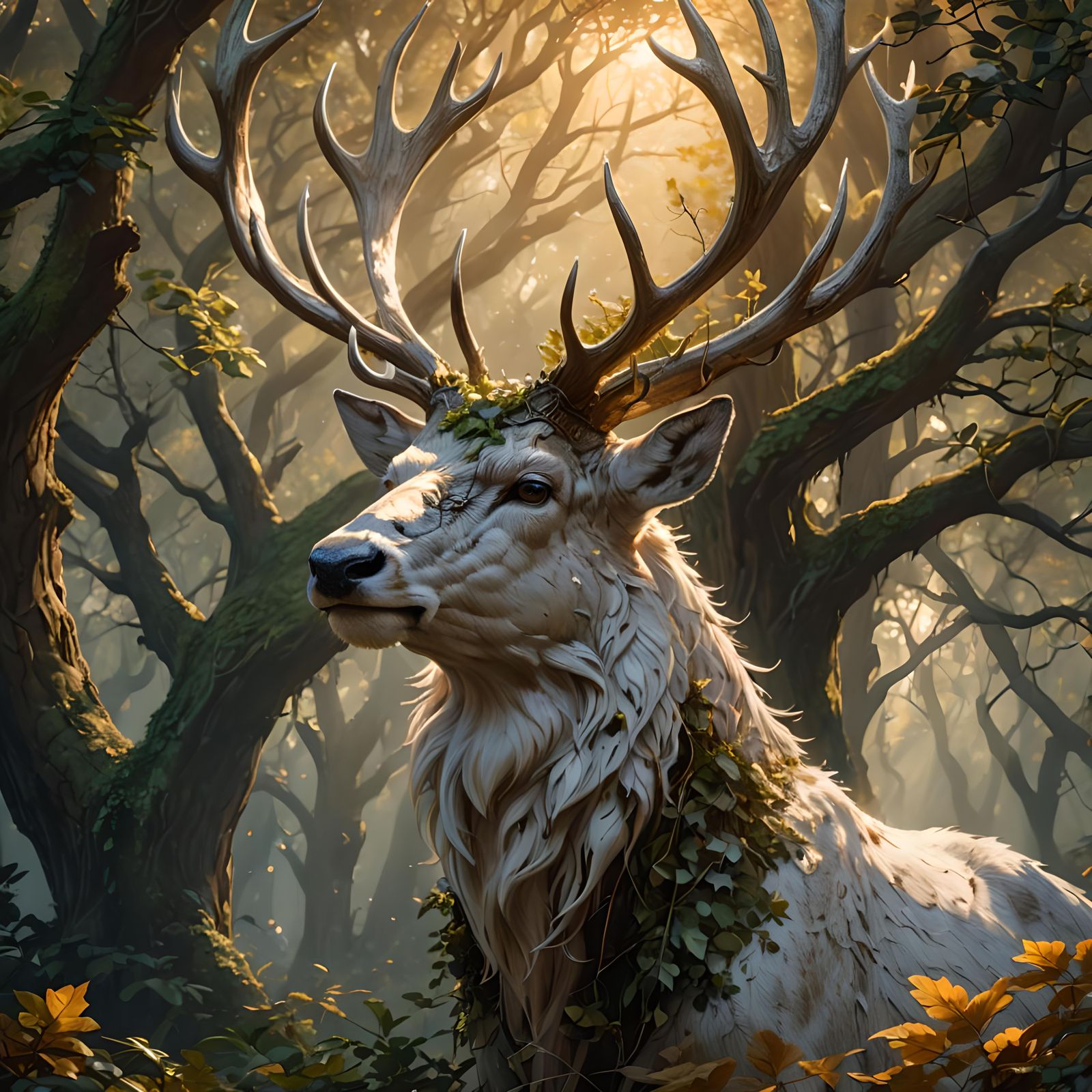 White Stag Portrait in Ancient Oak Forest