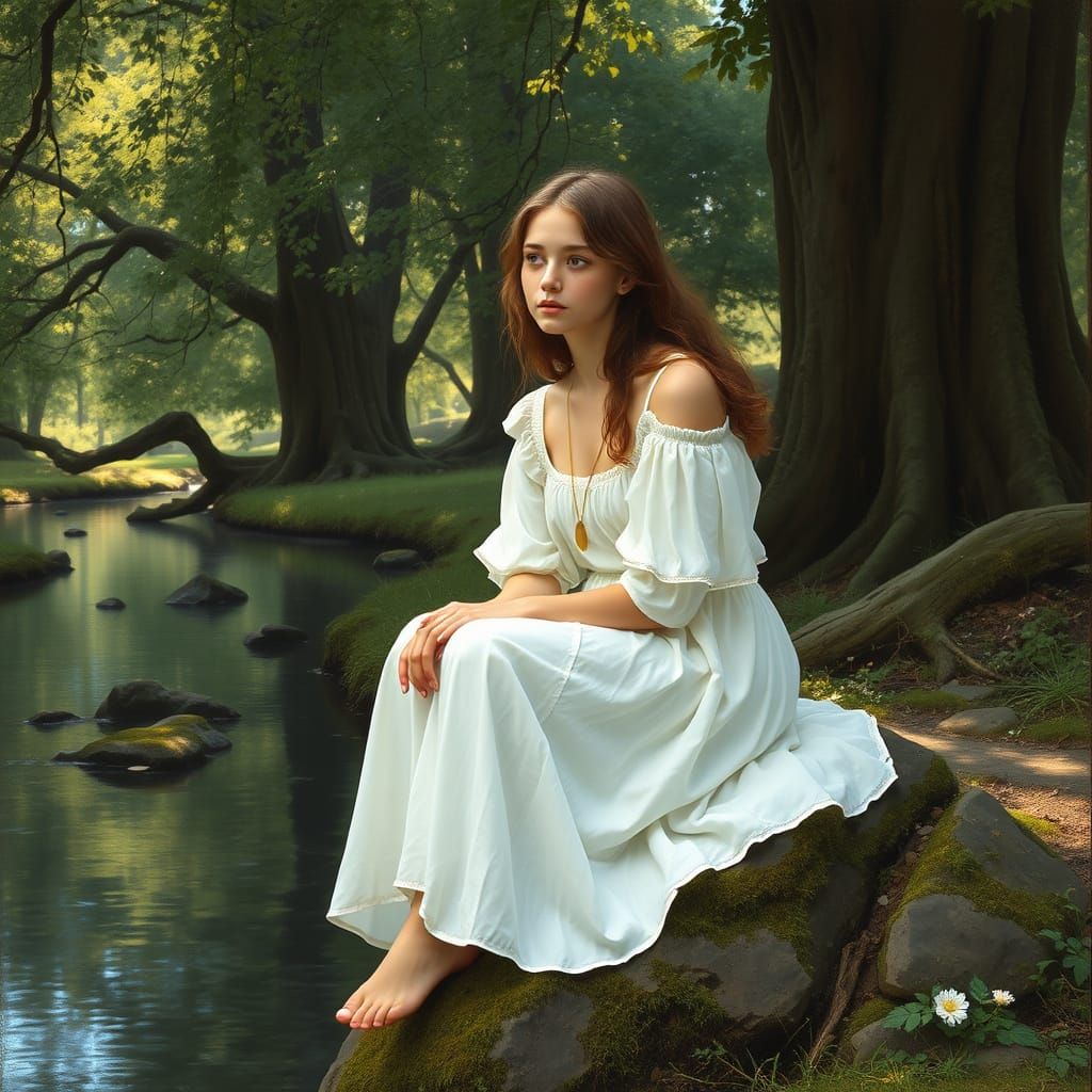 Ethereal Woman in a Pre-Raphaelite Landscape