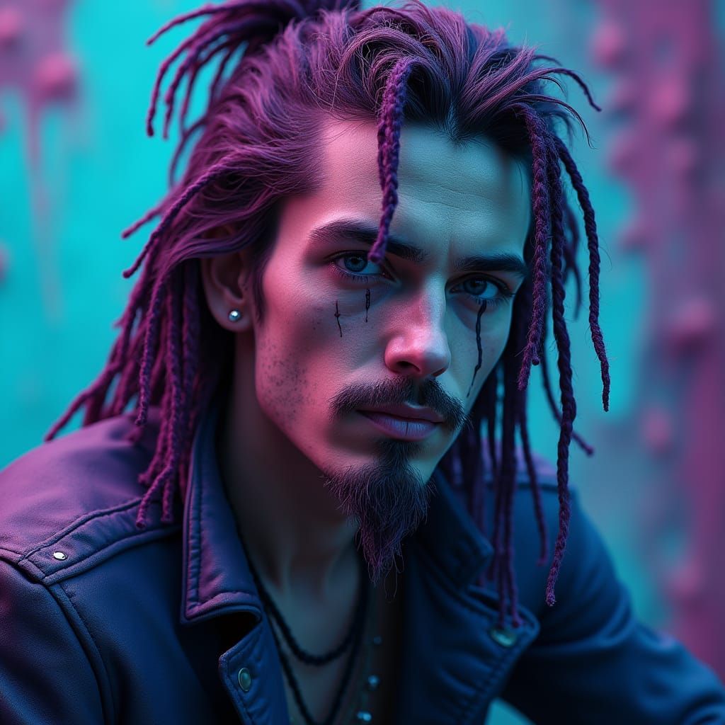 Cyberpunk Rockstar Portrait in Deep Jewel Teal and Cobalt Bl...