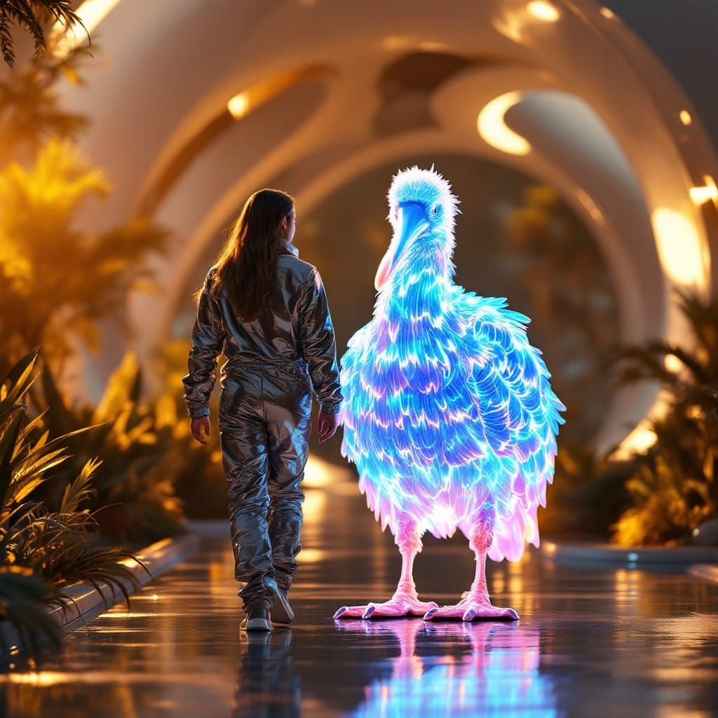 Cyberpunk Dodo Hologram in Futuristic Zoo
