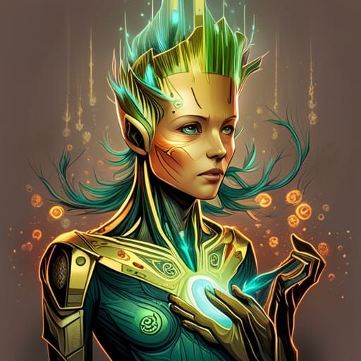 Cybernetic Bioluminescent Groot: Digital Concept Art