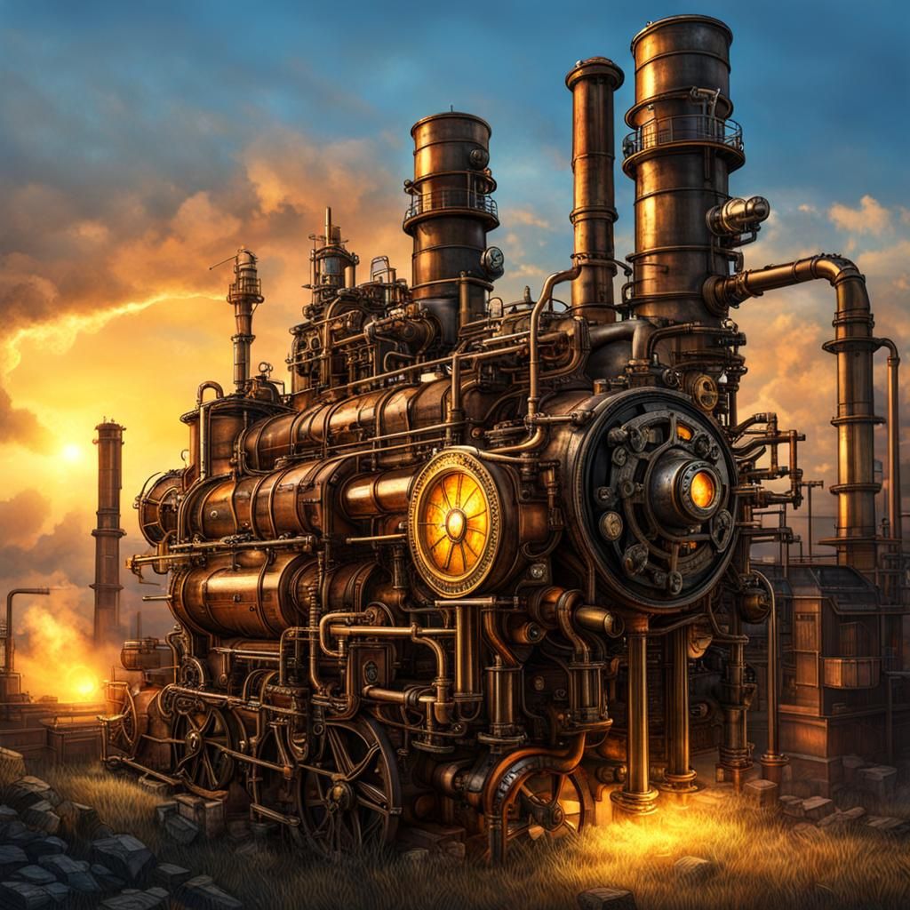 Steampunk Engine in Sunlight Refinery