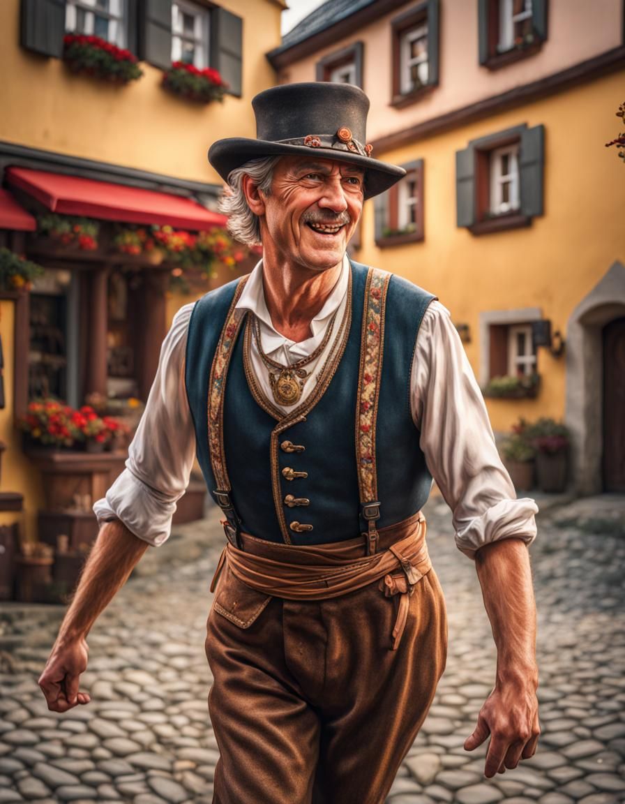 German Man Dancing in Tracht: Hyperrealistic Splash Art