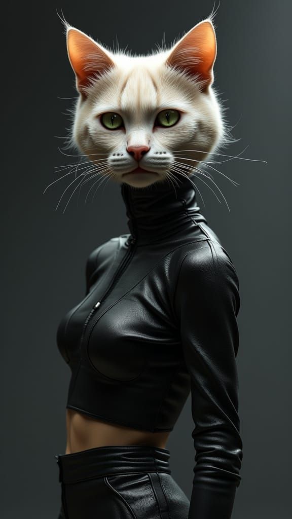Photorealistic Humanoid Cat in Futuristic Clothing