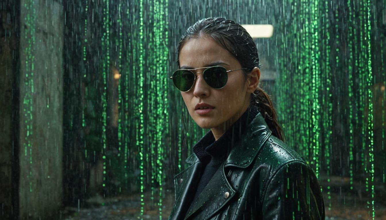 Mysterious Figure in Matrix Rain: Cinematic Photography