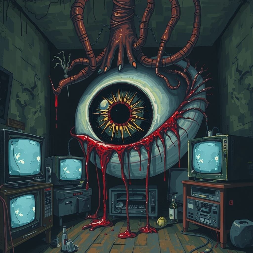 Menacing Bloodshot Eye in Dark Forest: Analog Horror