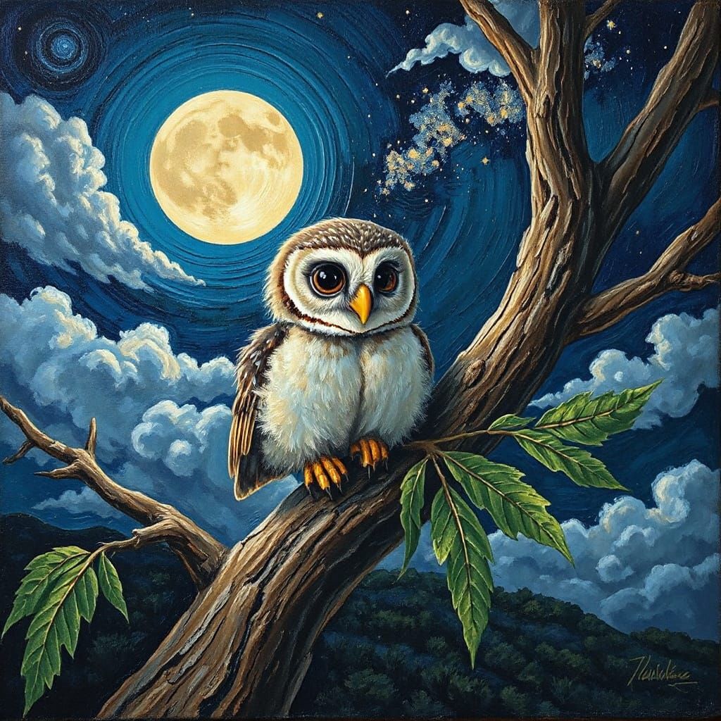 Cute Owl on Branch in Tachisme Style