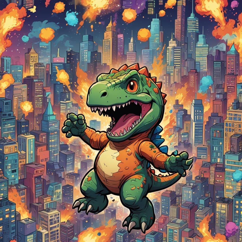 Happy Chibi T-Rex Dances in Colorful Cityscape