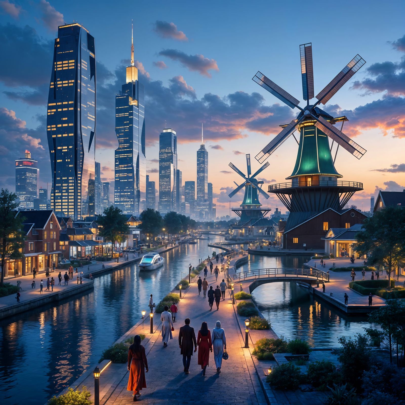 Futuristic Surinamese-Dutch Cityscape at Dusk