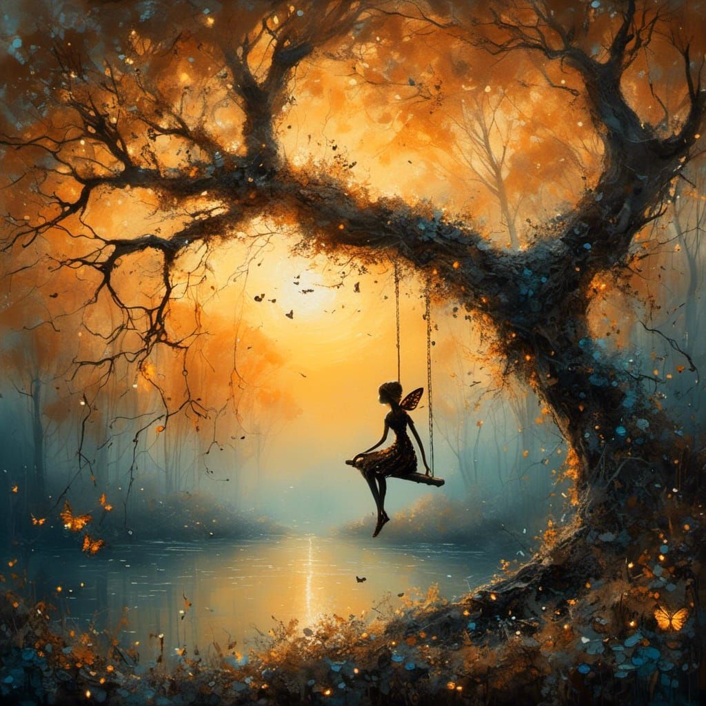 Fairy on Swing at Golden Hour Sunrise