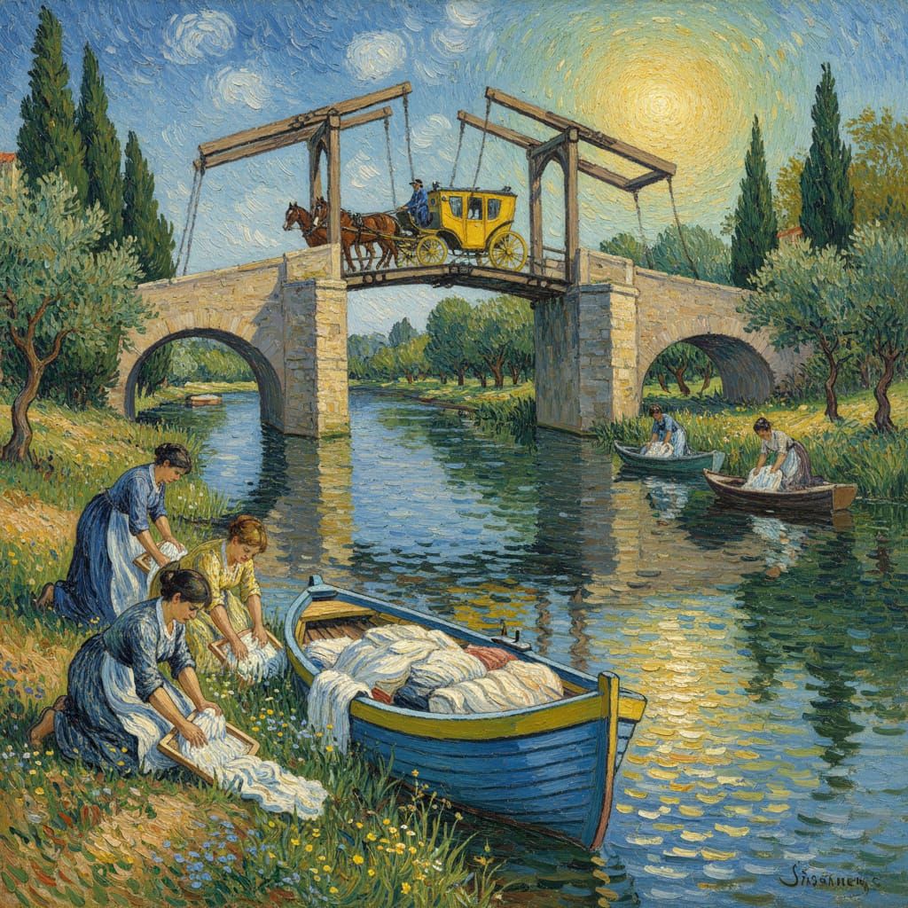 Impressionist Spring Canal Scene with Women and Carriage